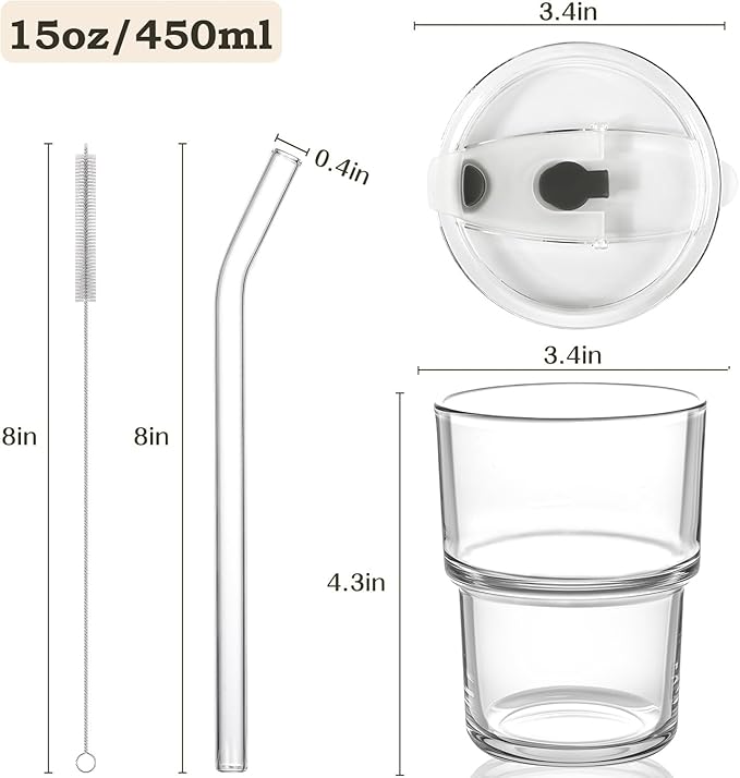15oz Iced Coffee Cups with Lids Reusable,4Pcs Glass Matcha Cups,Glass Cups with Lids and Straws,Clear Glass Coffee Tumbler for Drinking Water,Tea,Juice