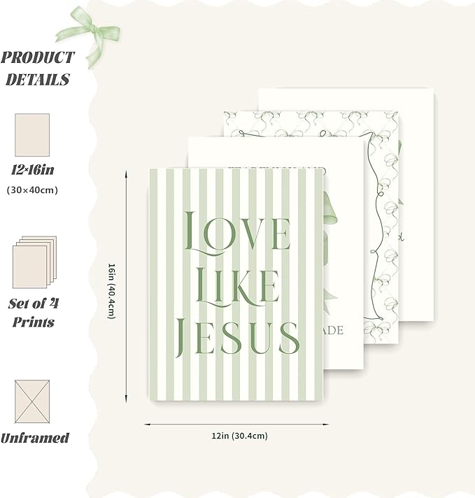 LARTSFRO Coquette Sage Green Bow Jesus Wall Art Decor Posters, Inspirational - Image 2