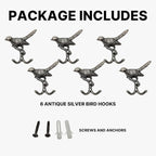 6 pcs Antique Silver Bird Decorative Wall Hooks - Image 4