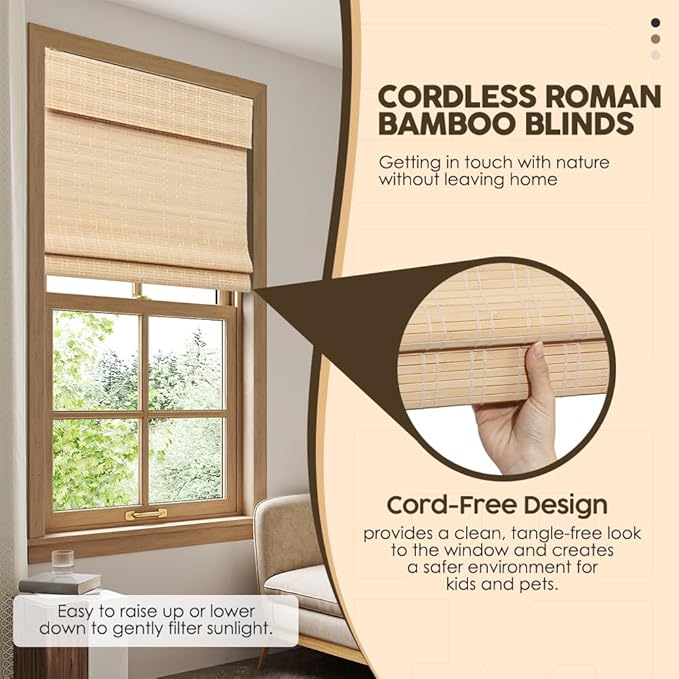 Cordless Bamboo Roman Shades, Light Filtering Bamboo Shades Blinds Window - Image 4