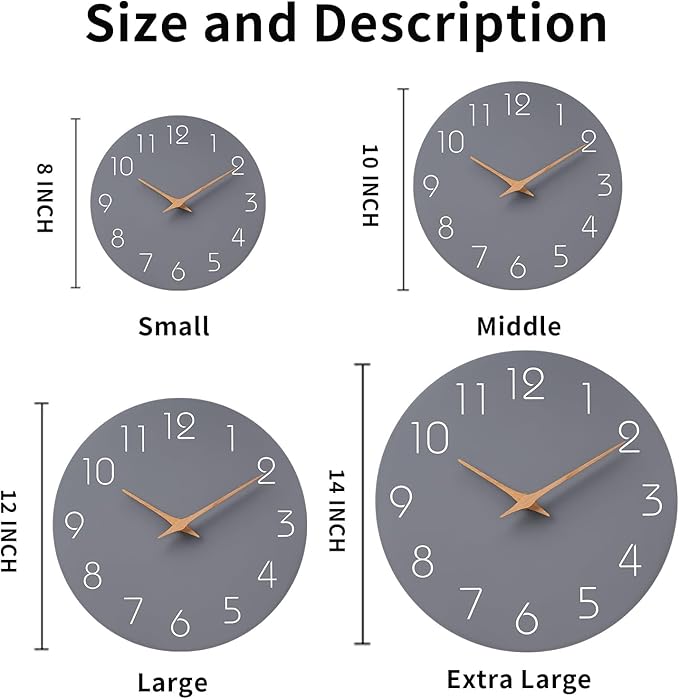 Mosewa Wall Clock 12 Inch Gray Silent Non Ticking Battery Operated Modern - Image 3