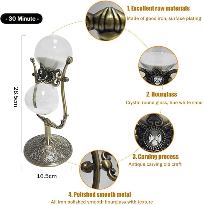 Sanduhr 30 Minuten,Reversible Hour Glass,Metal Vintage Hourglass,Hourglass Decor,for Home Decoration Office Desk Wedding Party Decor Kitchen Timer (White Sand)