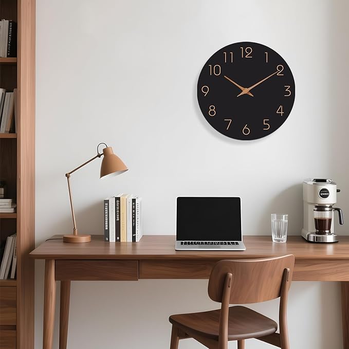 Mosewa 12 Inch Black Wall Clock Battery Operated Silent Non Ticking Modern - Image 7