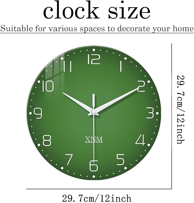 XNM Bedroom Clock Battery Operated Glass Minimalist Green Wall Clock 12 Inch - Image 3