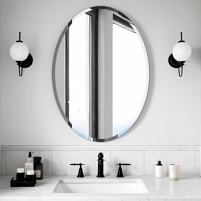 Bathroom Mirror for Over Sink, Oval Frameless Mirror, Beveled Polished Wall by Ruomeng