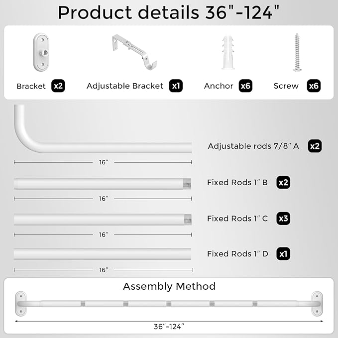 Curtain Rods 36-120 Inch, 1 Inch Adjustable Long Heavy Duty Room Darkening - Image 7