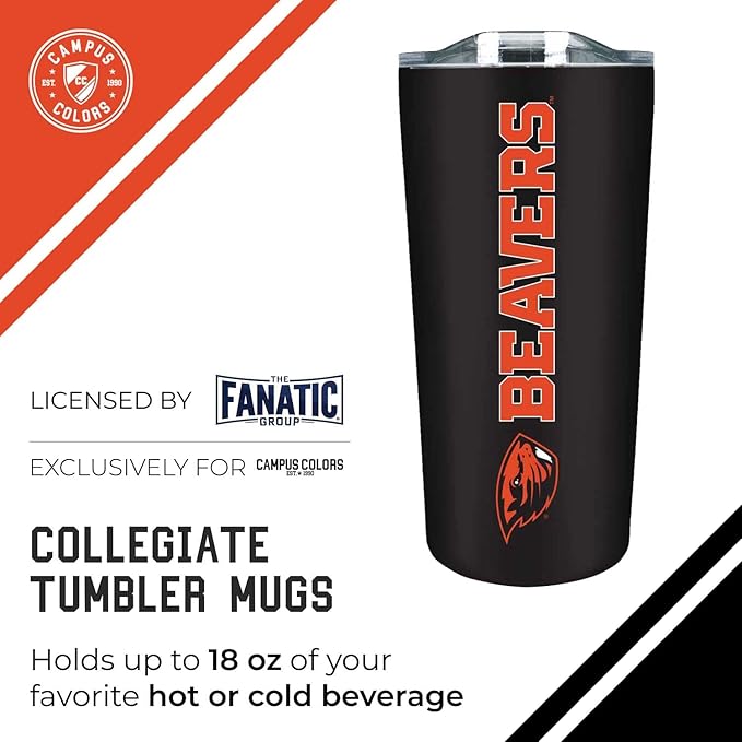 Campus Colors NCAA Stainless Steel Tumbler perfect for Gameday - 18 oz - Double Walled - Keeps Drinks Perfectly Insulated (Oregon State Beavers - Black)