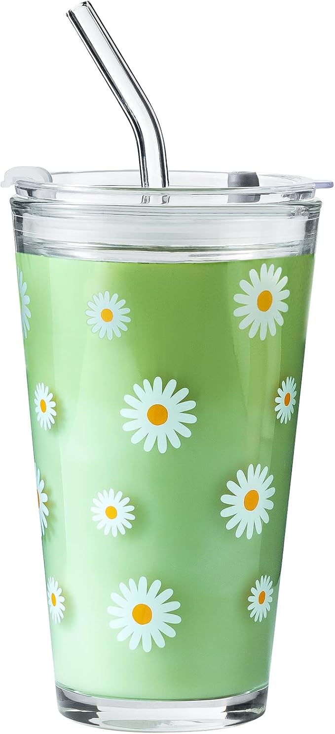 15oz Glass Tumbler with Glass Straw and Lid, Cute Iced Coffee Cups, Aesthetic Glass Cups, Coffee Tumbler, Water Cup, Matcha Cup, Drinking Glasses (Daisy)