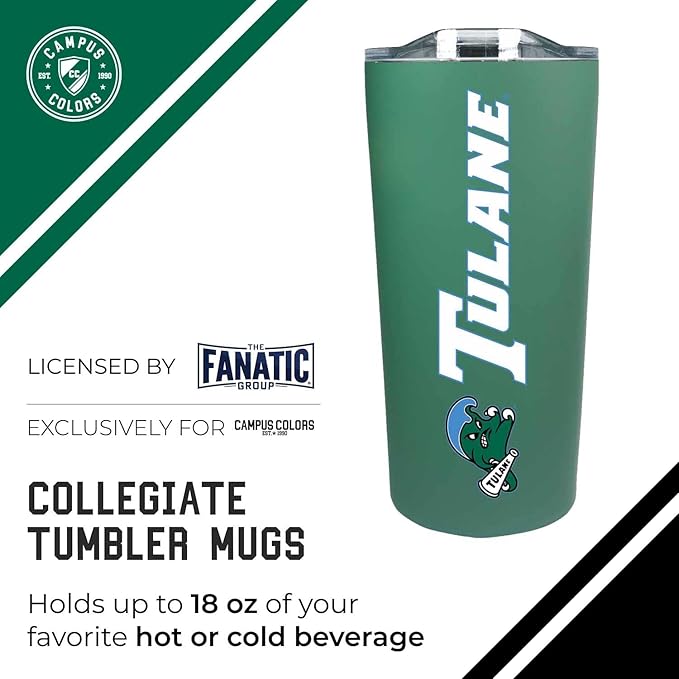Campus Colors NCAA Stainless Steel Tumbler perfect for Gameday - 18 oz - Double Walled - Keeps Drinks Perfectly Insulated (Tulane Green Wave - Green)
