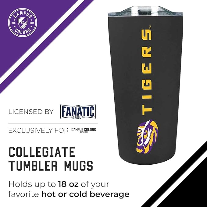 Campus Colors NCAA Stainless Steel Tumbler perfect for Gameday - 18 oz - Double Walled - Keeps Drinks Perfectly Insulated (LSU Tigers - Black)
