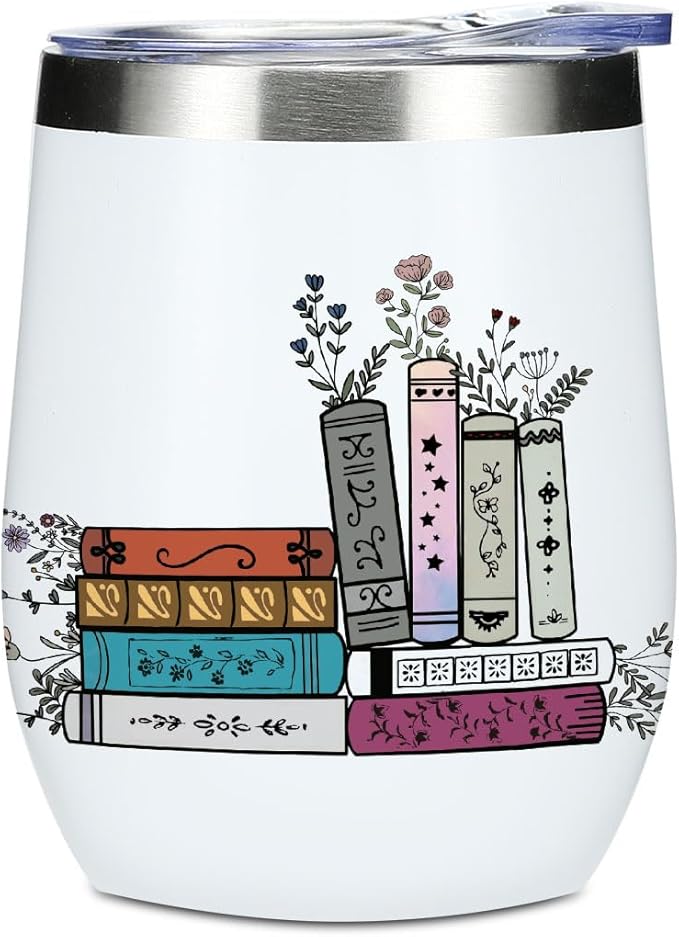 Wine Tumbler, 12 oz Coffee Mug Travel Insulated Cup Vacuum Wine Glass with Lid, Book Lovers Gifts Birthday Christmas Wedding Reading Book Accessories Bookish Librarian Gifts for Women Bride Girlfriend
