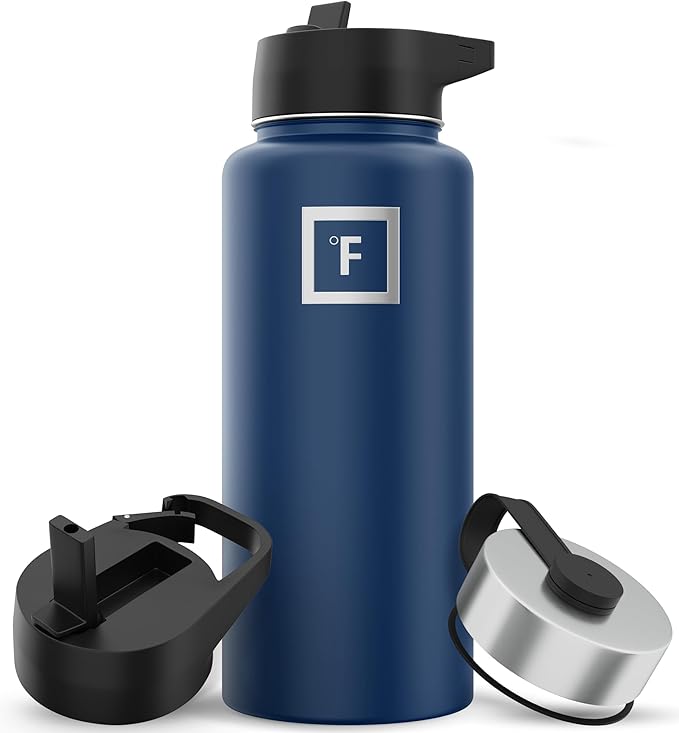 IRON °FLASK Camping & Hiking Hydration Flask with 3 Lids - Stainless Steel, Double Walled & Vacuum Insulated Water Bottle - Leak Proof & BPA Free (Navy Blue, Straw - 32 oz)
