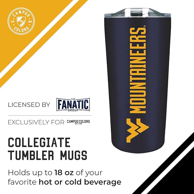 Campus Colors NCAA Stainless Steel Tumbler perfect for Gameday - 18 oz - Double Walled - Keeps Drinks Perfectly Insulated (West Virginia Mountaineers - Navy)