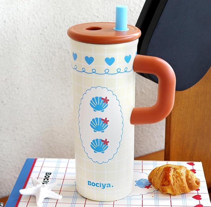 ZZT 26 oz Insulated Tumbler with Telescopic Straw and Dust Lid, Cute Animal And Sea Shell Stainless Steel School Travel Working With Dust Cap,Great Gifts for Women & Girls (Sea Shell)