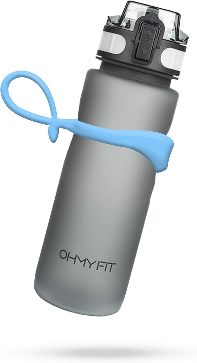 Tritan Sports Water Bottle with Magnetic Silicone Carry Strap & One Click Open Cap - Magnetic Drink Holder for Metal Equipment - Bottle w/Straps for Backpack, Belt & More (30oz, Sky Blue)