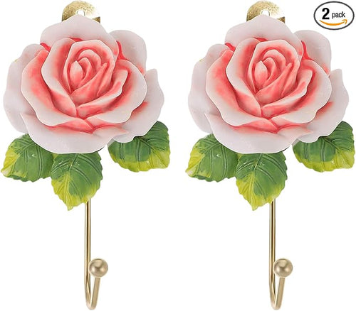 2 Pcs Pink Rose Decorative Wall Hooks, Fancy Resin Flower Towel & Key Hooks by MDPLY