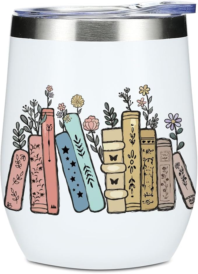 Wine Tumbler, 12 oz Coffee Mug Travel Insulated Cup Vacuum Wine Glass with Lid, Book Lovers Gifts Birthday Christmas Friendship Reading Book Accessories Bookish Librarian Gifts for Women Girls Reader