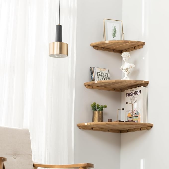 Corner Shelf, Solid Oak Wood Floating Corner Shelf Wall Mount Round End - Image 2
