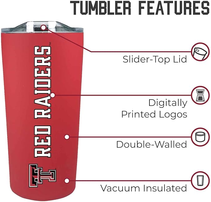 Campus Colors NCAA Stainless Steel Tumbler perfect for Gameday - 18 oz - Double Walled - Keeps Drinks Perfectly Insulated (Texas Tech Red Raiders - Red)