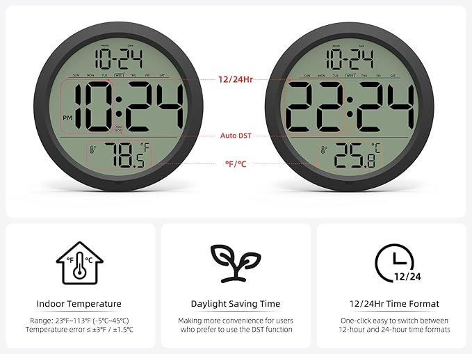 Digital Wall Clock with Date, Indoor Temperature, Battery-Operated Digital Clock - Image 5