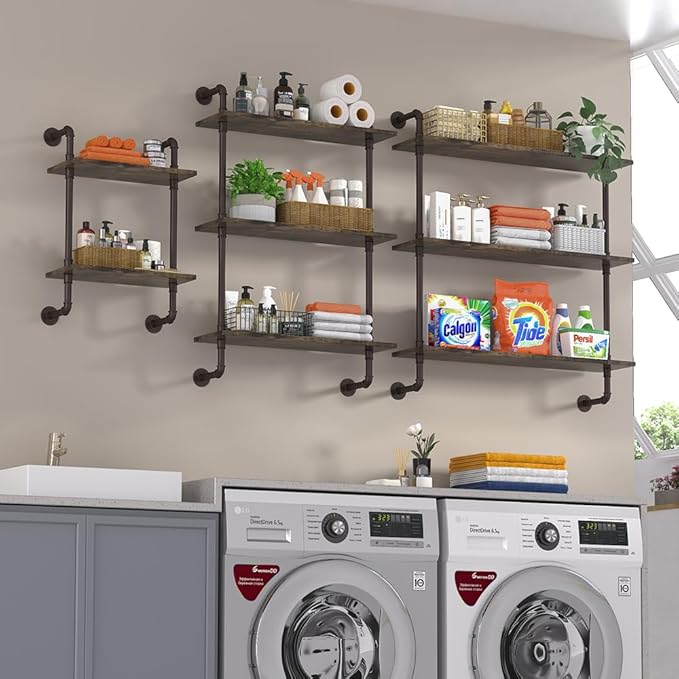 Helsin 3 Tier Industrial Pipe Shelf Rustic Wood Floating Shelves, Wall Display - Image 6