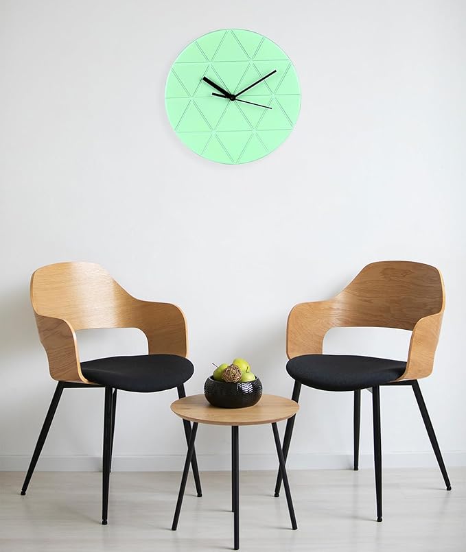 Mint Green Wooden Wall Clock 24cm Round Geometric Triangle Pattern MDF - Image 4