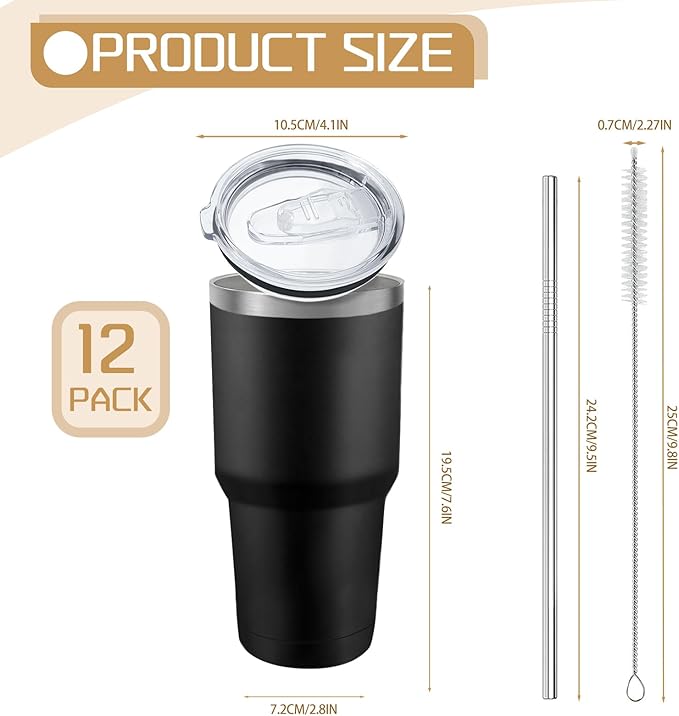 YOUKE OLA 12 Pack Insulated Tumbler Powder Coated Stainless Steel Double Wall Vacuum Travel Coffee Tumbler Cup with Lid and Straw for Laser Engrave DIY Gift 30oz Black