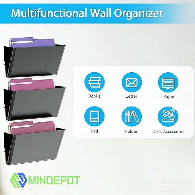 MINDEPOT 3 Pockets Acrylic Wall File Organizer, Plastic Hanging Wall File Holder - Image 4