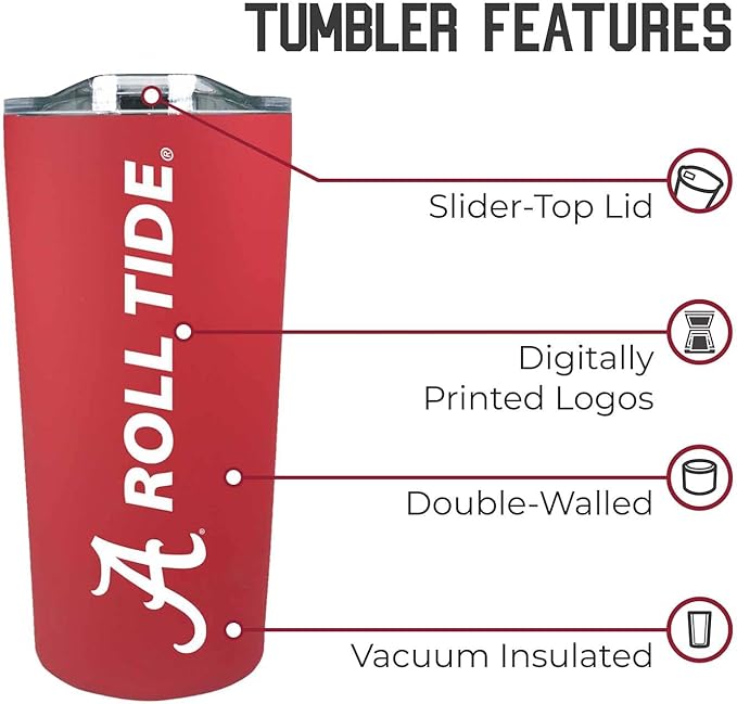 Campus Colors NCAA Stainless Steel Tumbler perfect for Gameday - 18 oz - Double Walled - Keeps Drinks Perfectly Insulated (Alabama Crimson Tide - Crimson)