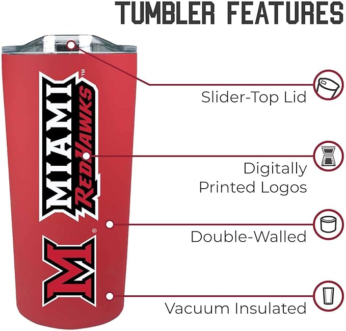 Campus Colors NCAA Stainless Steel Tumbler perfect for Gameday - 18 oz - Double Walled - Keeps Drinks Perfectly Insulated (Miami Redhawks - Red)