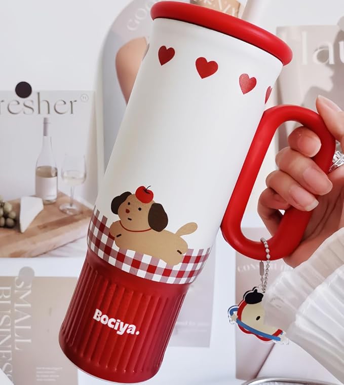 ZZT 26 oz Insulated Tumbler with Telescopic Straw and Dust Lid, Cute Animal And Sea Shell Stainless Steel School Travel Working With Dust Cap,Great Gifts for Women & Girls (Lucky Dog)