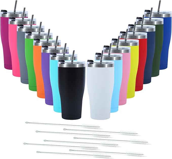 16 Pack Travel Coffee Tumbler 30 oz, Stainless Steel Mug with Lid and Straw, Insulated Cup for Water, Tea, Hot and Cold Drinks (Mixed color)