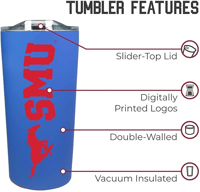 Campus Colors NCAA Stainless Steel Tumbler perfect for Gameday - 18 oz - Double Walled - Keeps Drinks Perfectly Insulated (SMU Mustangs - Royal)