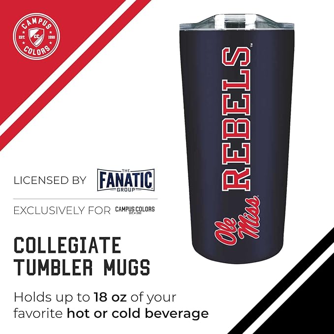 Campus Colors NCAA Stainless Steel Tumbler perfect for Gameday - 18 oz - Double Walled - Keeps Drinks Perfectly Insulated (Ole Miss Rebels - Navy)