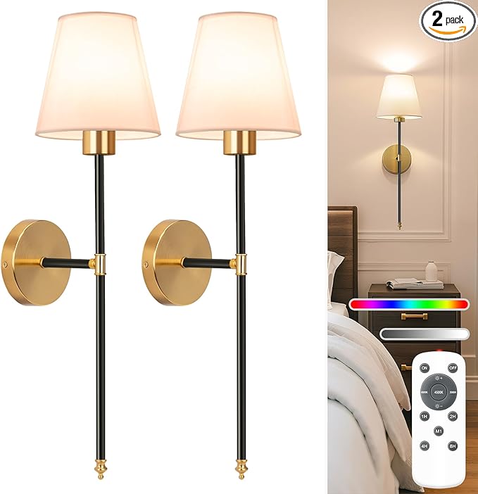 NIORSUN Battery Operated Wall Sconce Set of 2, 10 Colors Wireless Wall Lamps by NIORSUN