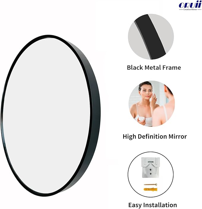 Oruii Round Mirror 28 inch, Large Black Circle Mirror Metal Frame, Large Black - Image 2