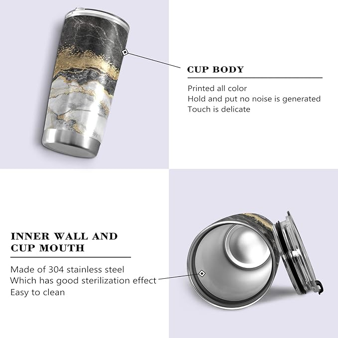 Tumbler Stainless Steel Vacuum Insulated Cup Double Walled, Simple Thermos Gold Black Marble Travel Mug for Coffee, Beverages, Tea with Straw and Lid