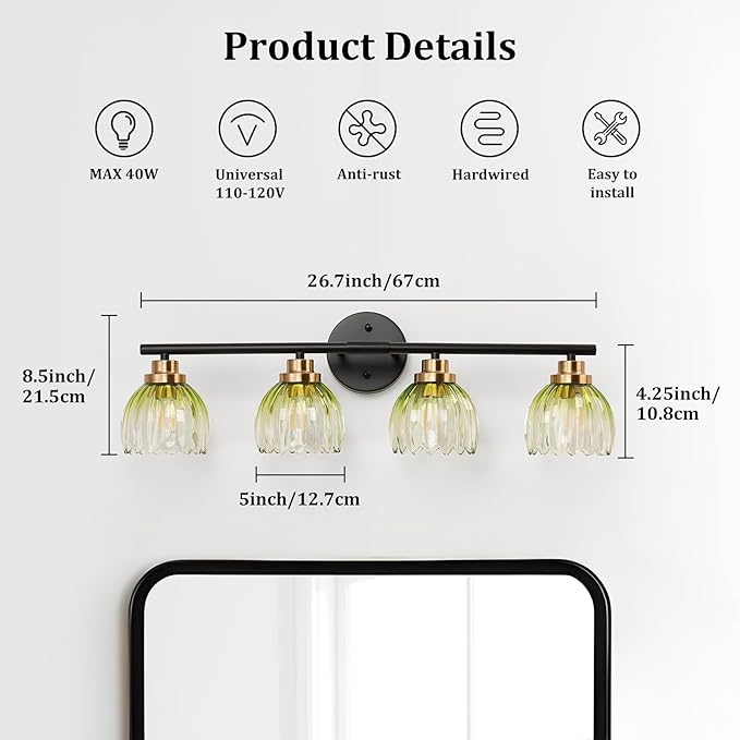 TALOYA Bathroom Vanity Light Fixtures, 4-Light Modern Black and Gold Wall Lights - Image 2