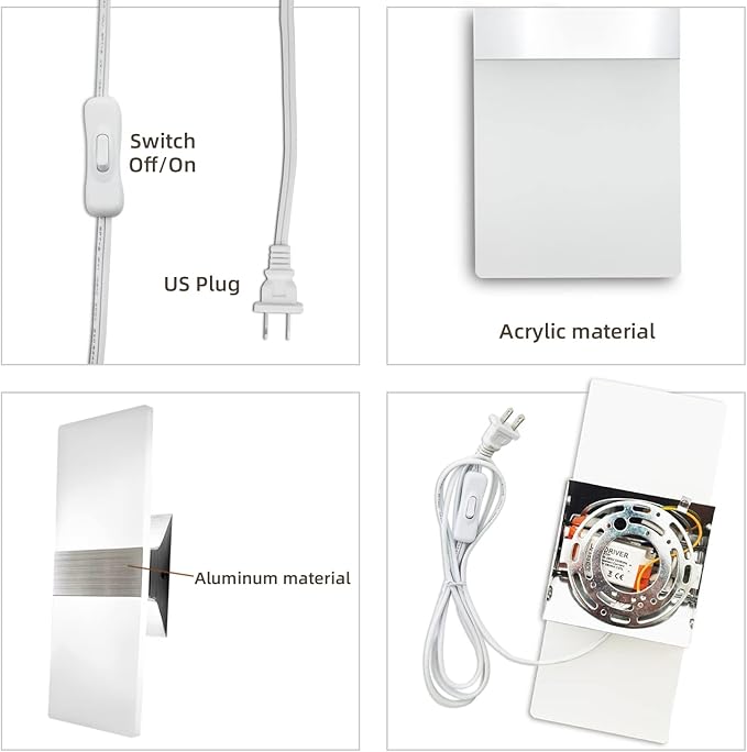 KICAAO Wall Sconces, Modern Wall Sconce Plug in 10W 6000K Cool White Acrylic - Image 4