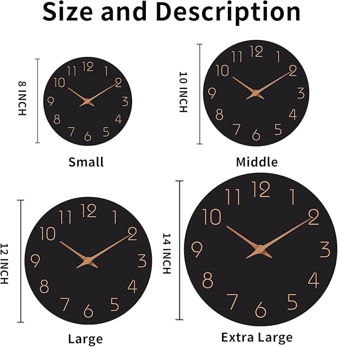 Mosewa Wall Clock Battery Operated 10 Inch Black Silent Non Ticking Simple - Image 2