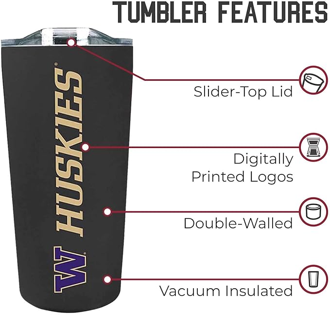 Campus Colors NCAA Stainless Steel Tumbler perfect for Gameday - 18 oz - Double Walled - Keeps Drinks Perfectly Insulated (Washington Huskies - Black)