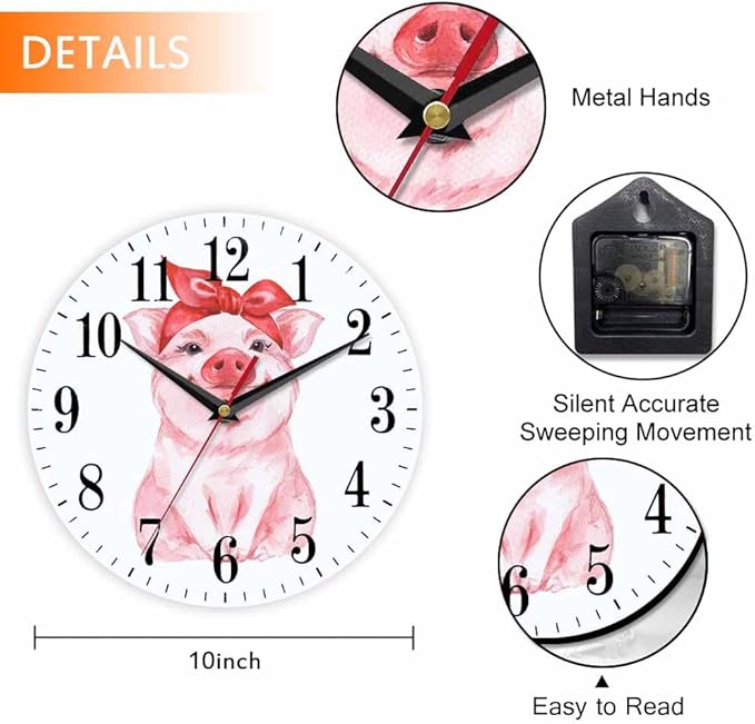 Mxocom Pink Pig Wall Clock Funny Cartoon Pig Wearing Red Bandana 10 Inch Silent - Image 2