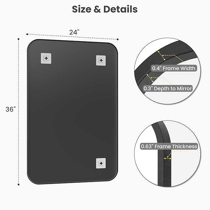 24x36 Inch Matte Black Bathroom Vanity Mirrors | Flush Mount Deep Set Metal - Image 6