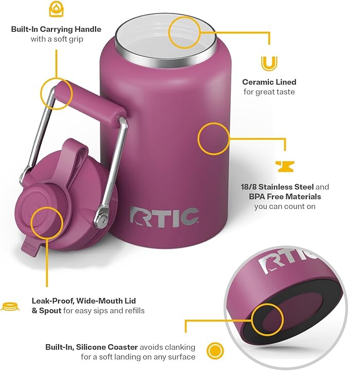RTIC Half Gallon Outback Jug, Stainless Steel, Ceramic Lined Insulated Water Bottle with Lid and Handle, BPA-Free, Double Wall Vacuum Insulation, Orchid