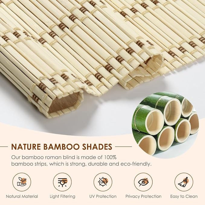 Cordless Bamboo Roman Shades, Light Filtering Bamboo Blinds Shades - Image 3