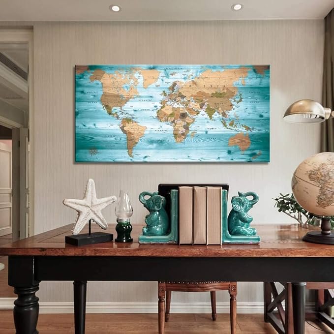 Large Wall Art Blue Painting Ready to Hang 40"x78"Large map of the world Framed - Image 2
