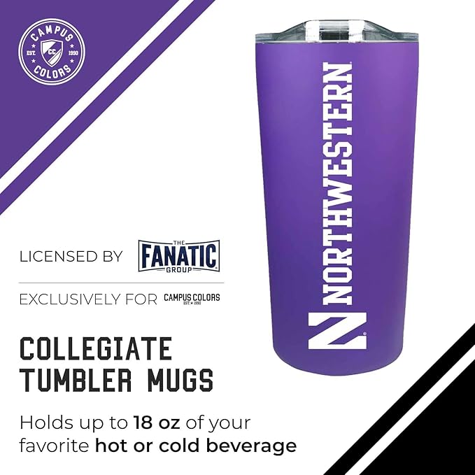 Campus Colors NCAA Stainless Steel Tumbler perfect for Gameday - 18 oz - Double Walled - Keeps Drinks Perfectly Insulated (Northwestern Wildcats - Purple)