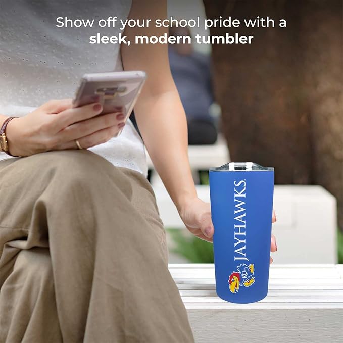 Campus Colors NCAA Stainless Steel Tumbler perfect for Gameday - 18 oz - Double Walled - Keeps Drinks Perfectly Insulated (Kansas Jayhawks - Royal)