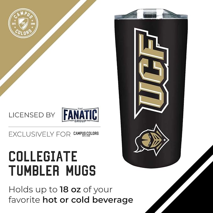 Campus Colors NCAA Stainless Steel Tumbler perfect for Gameday - 18 oz - Double Walled - Keeps Drinks Perfectly Insulated (Central Florida Knights - Black)