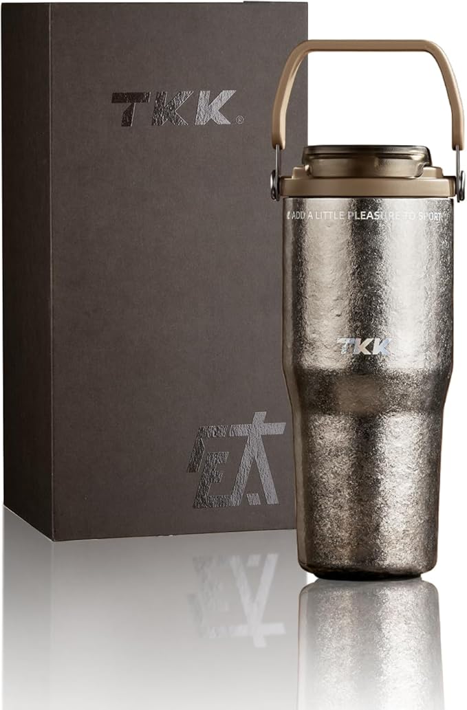 TKK 24oz Pure Titanium Inner Tumbler with Straw Lid, Vacuum Insulated Cup Leakproof Double Walled Travel Mug with Handle, Dishwasher Safe for Hot/Cold Drinks, Titanium Natural